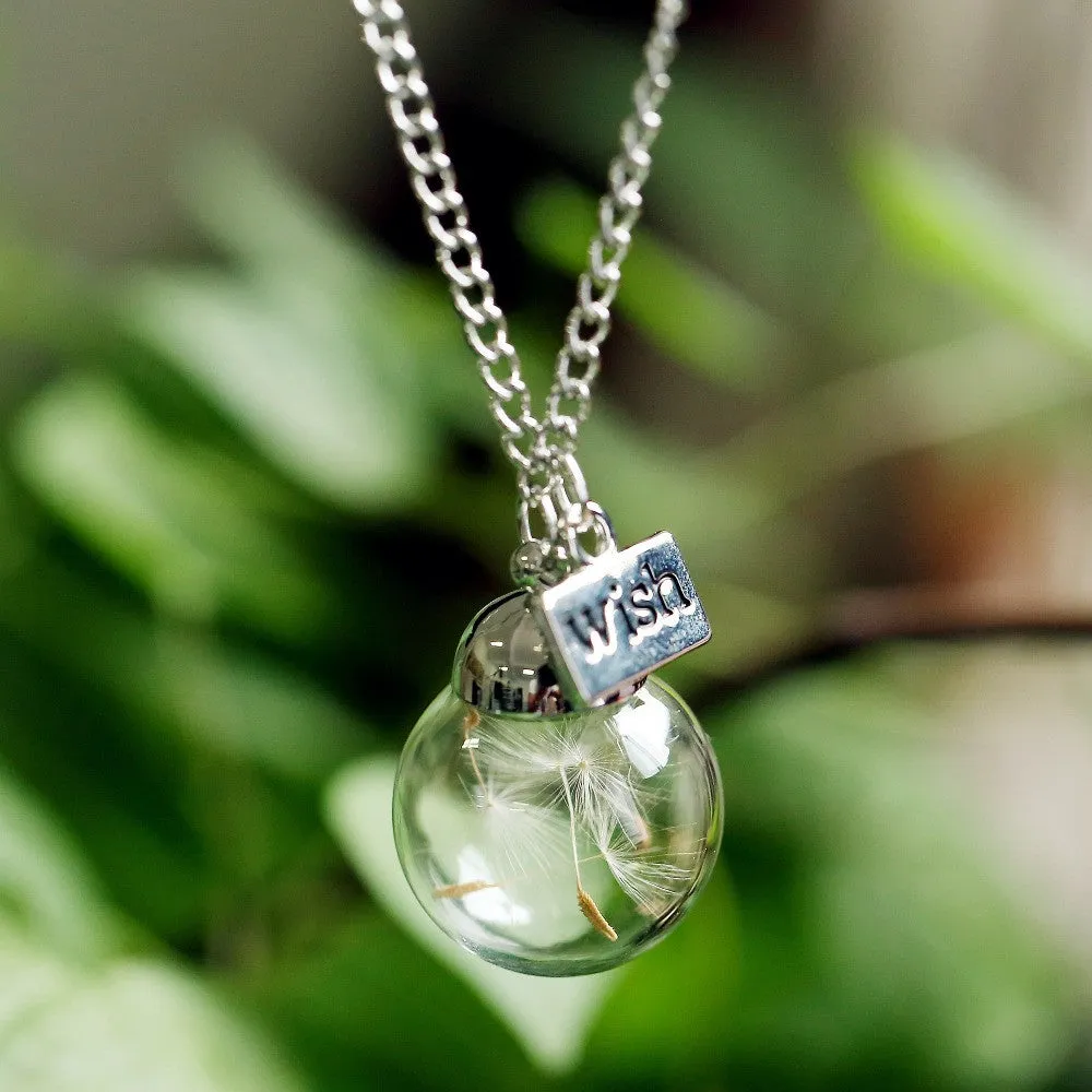 Glass bottle necklace Natural dandelion seed in glass long necklace Make A Wish Glass Bead Orb silver plated Necklace jewelry