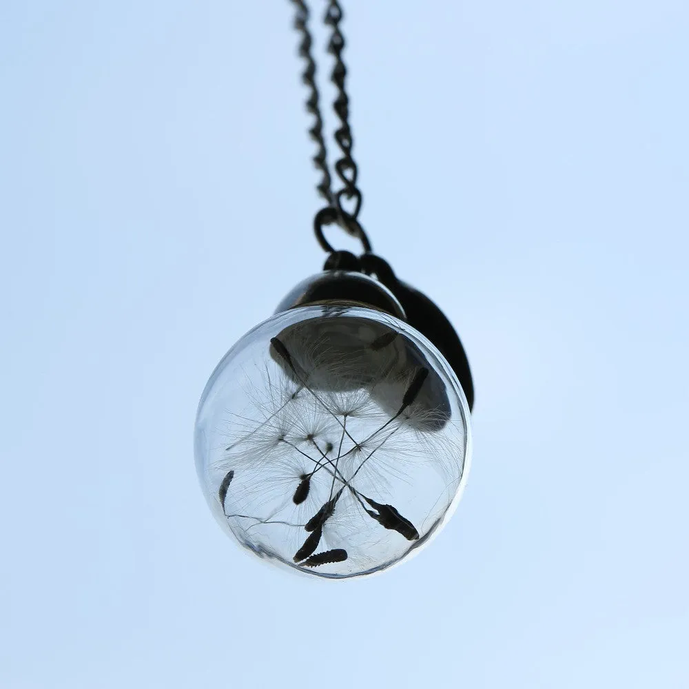 Glass bottle necklace Natural dandelion seed in glass long necklace Make A Wish Glass Bead Orb silver plated Necklace jewelry