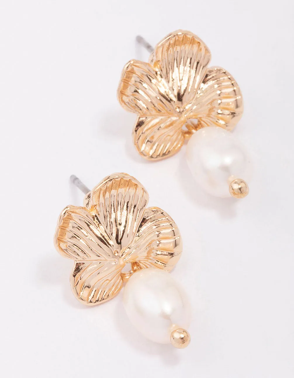 Gold Flower Pearl Drop Earrings