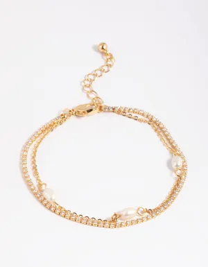 Gold Plated Brass Cubic Zirconia & Pearl Bracelet