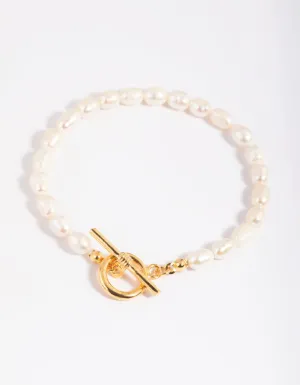 Gold Plated Brass Pearl Fob Bracelet