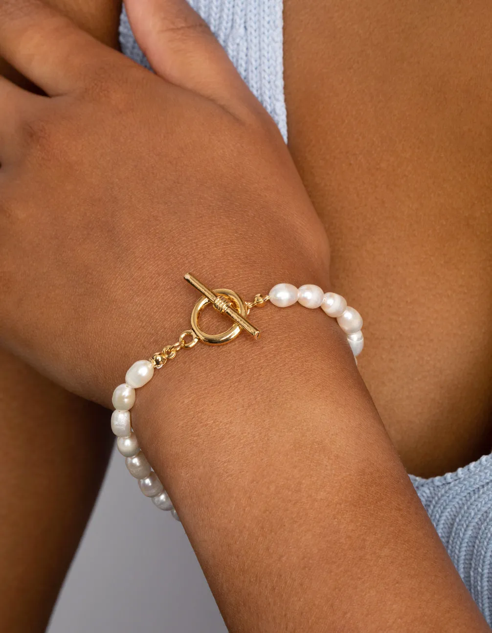 Gold Plated Brass Pearl Fob Bracelet