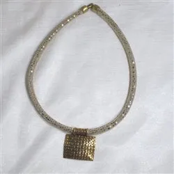 Gold Square Pendant on Beige Leather Necklace