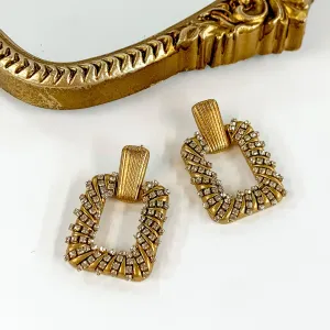 Gold Tone Rectangle Open Earrings with Clear Crystals