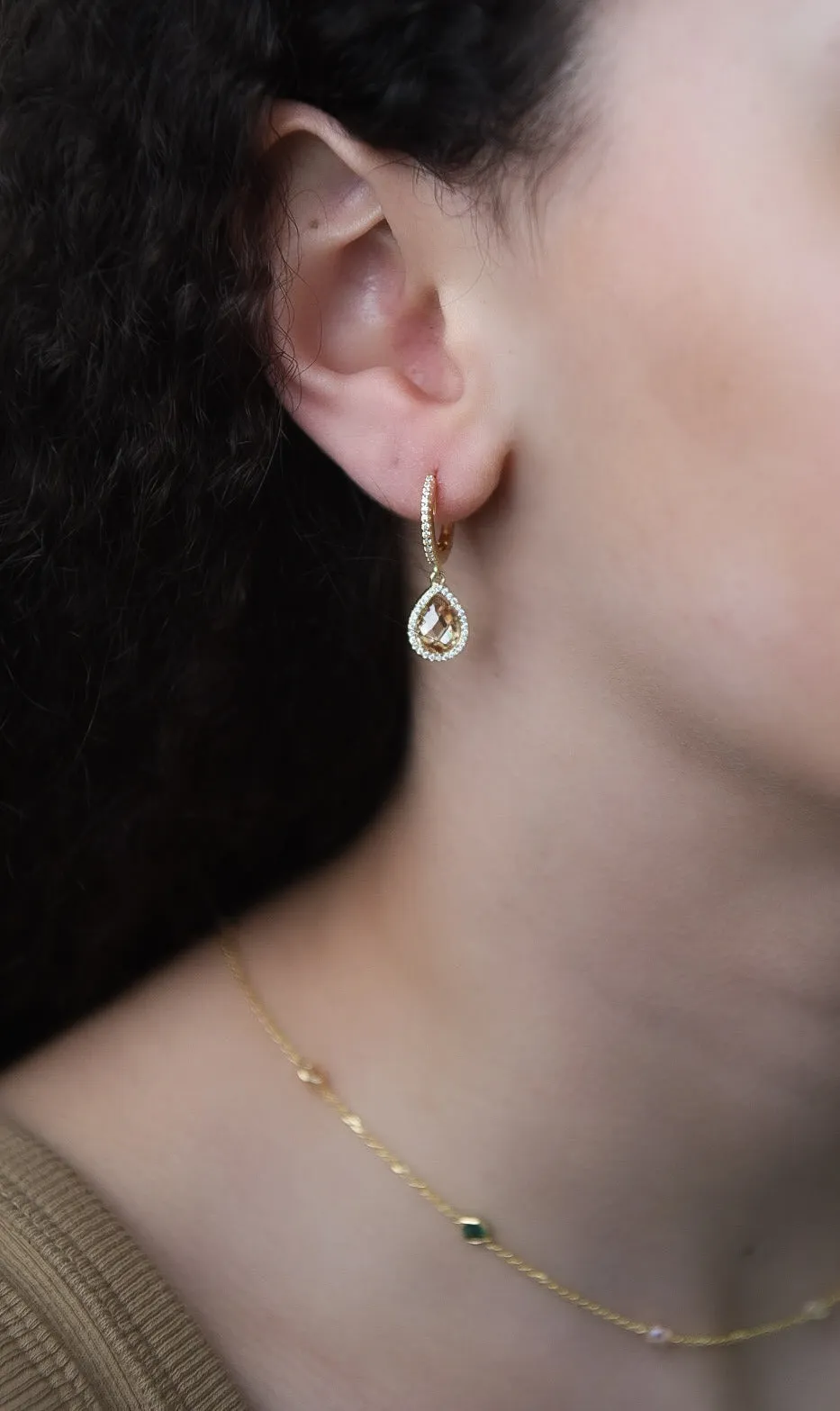 Golden Stone Set Hoop With Citrine Pear Drop Cz Halo Earrings