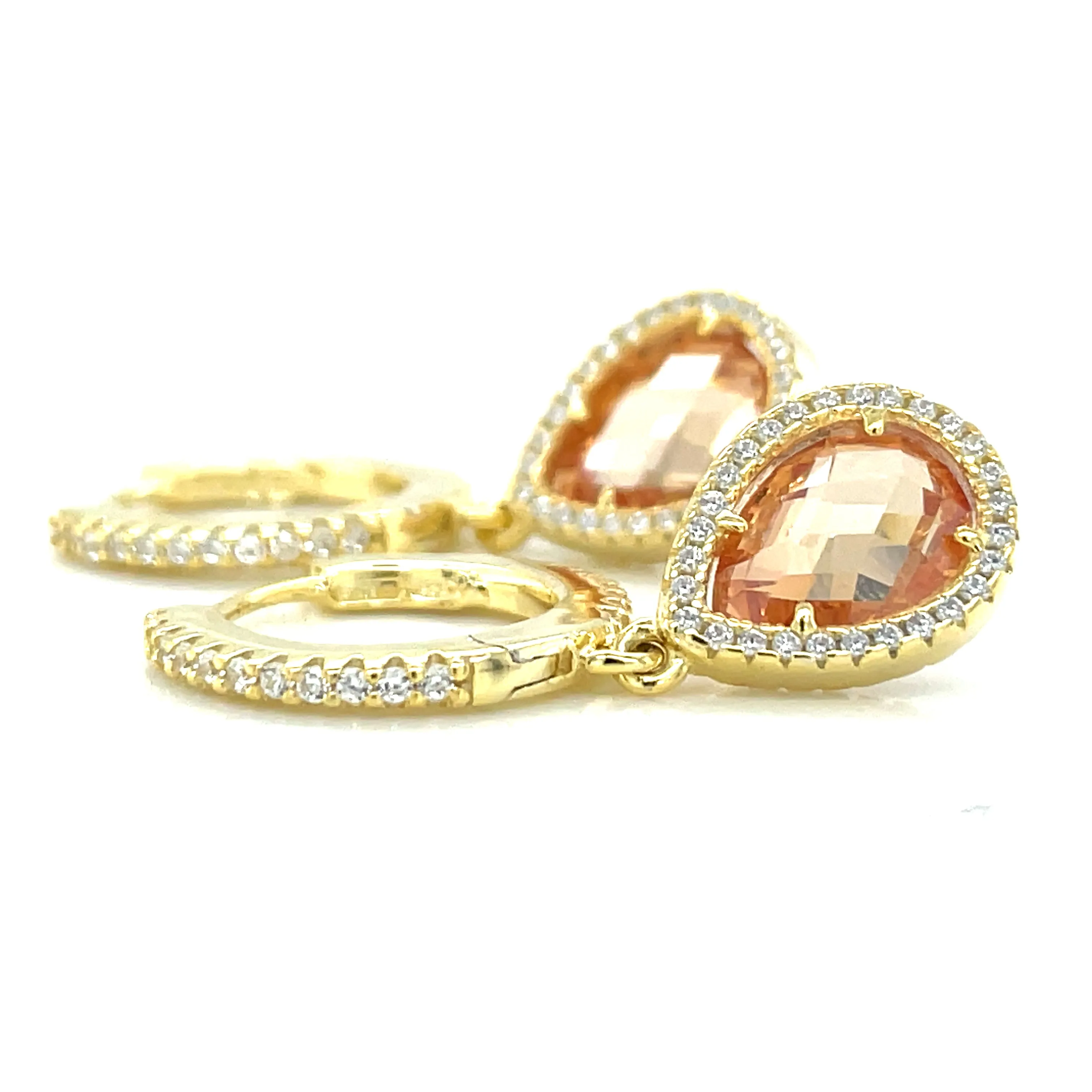 Golden Stone Set Hoop With Citrine Pear Drop Cz Halo Earrings