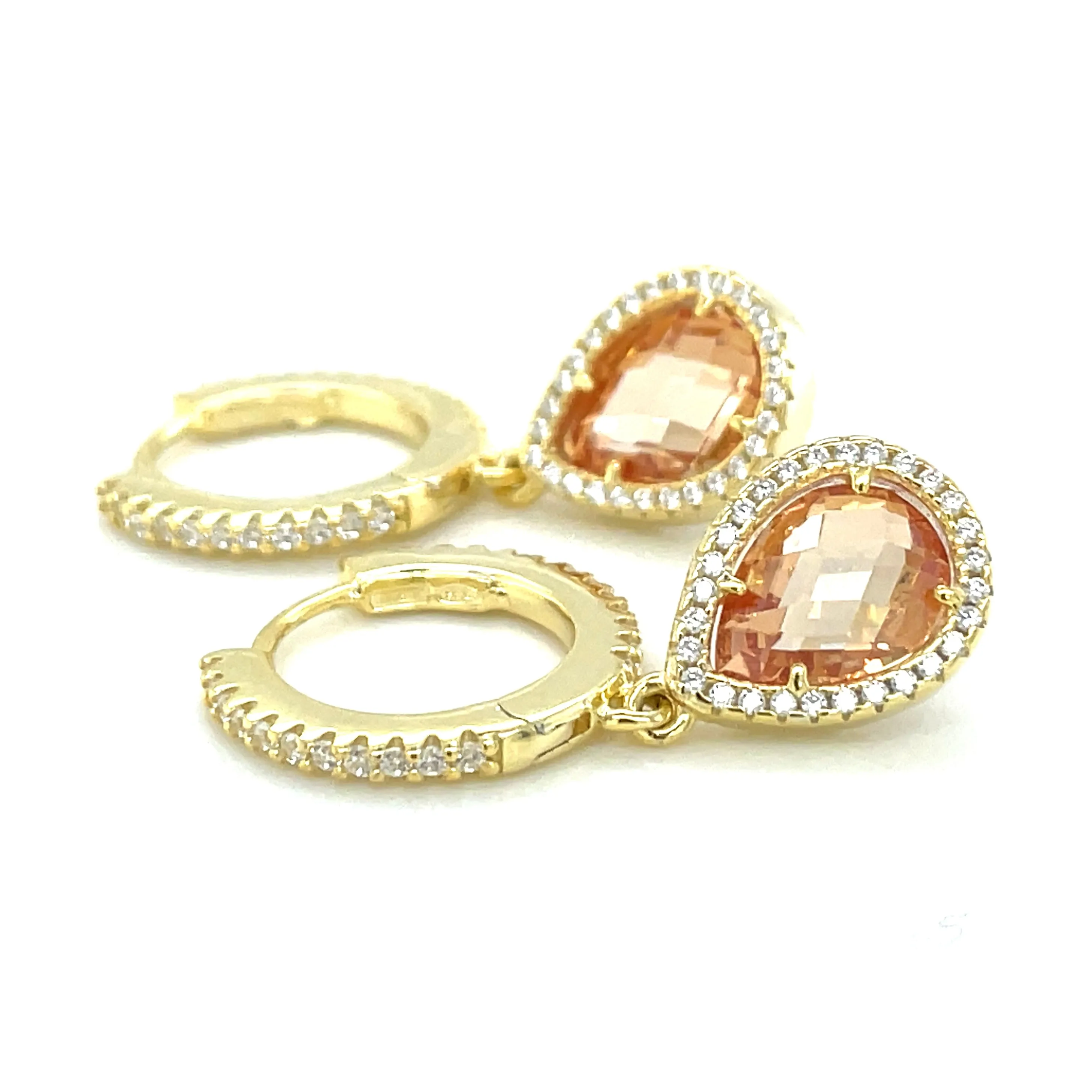 Golden Stone Set Hoop With Citrine Pear Drop Cz Halo Earrings