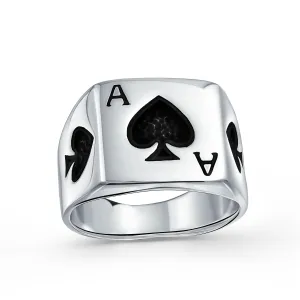 Good Luck Gambler Mens Silver Ring with Black Ace of Spade for Poker Players