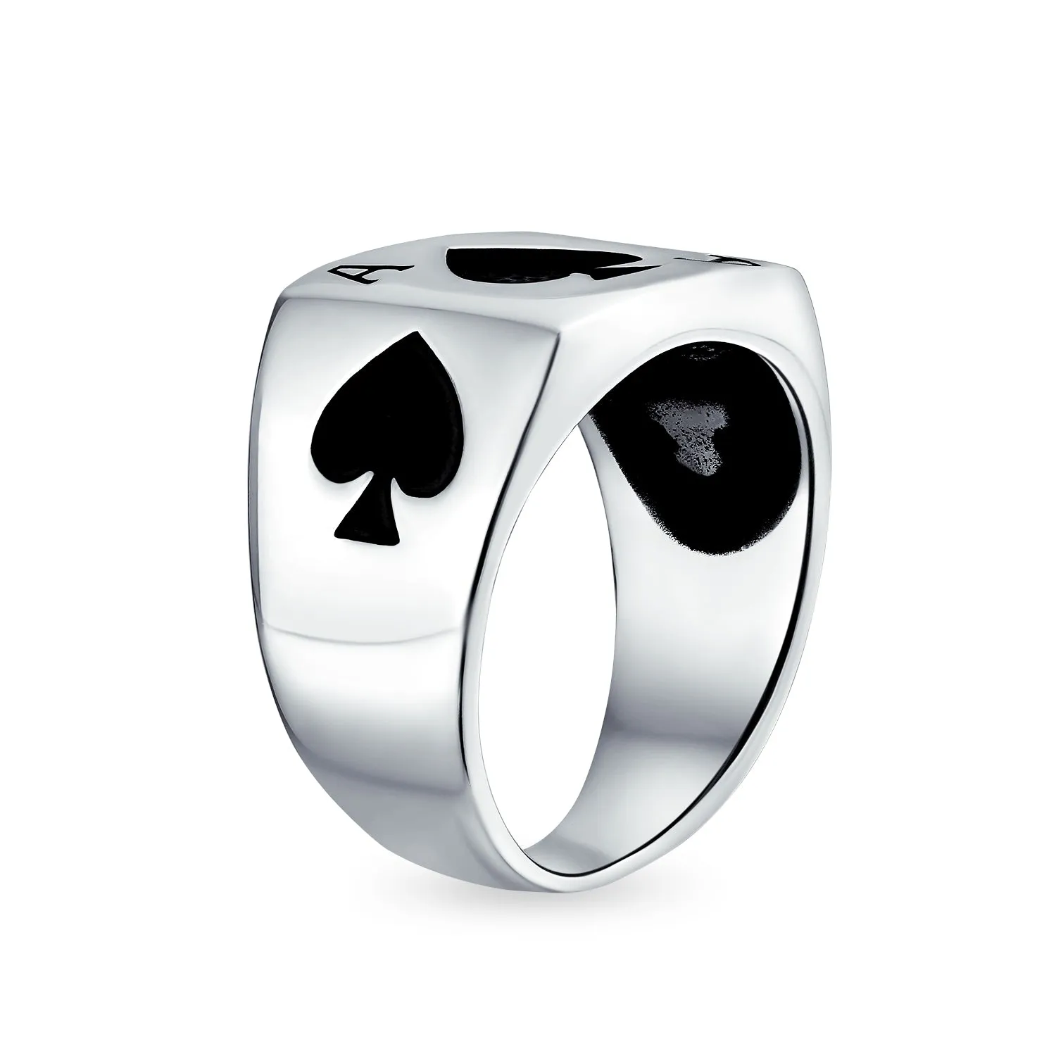 Good Luck Gambler Mens Silver Ring with Black Ace of Spade for Poker Players