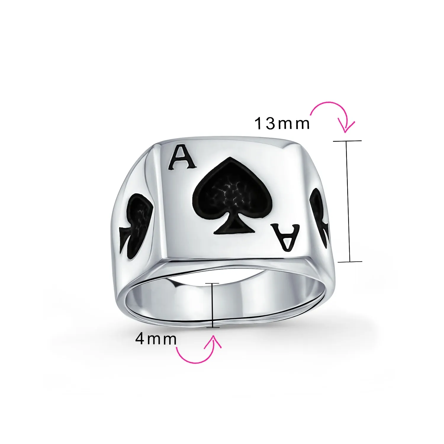 Good Luck Gambler Mens Silver Ring with Black Ace of Spade for Poker Players