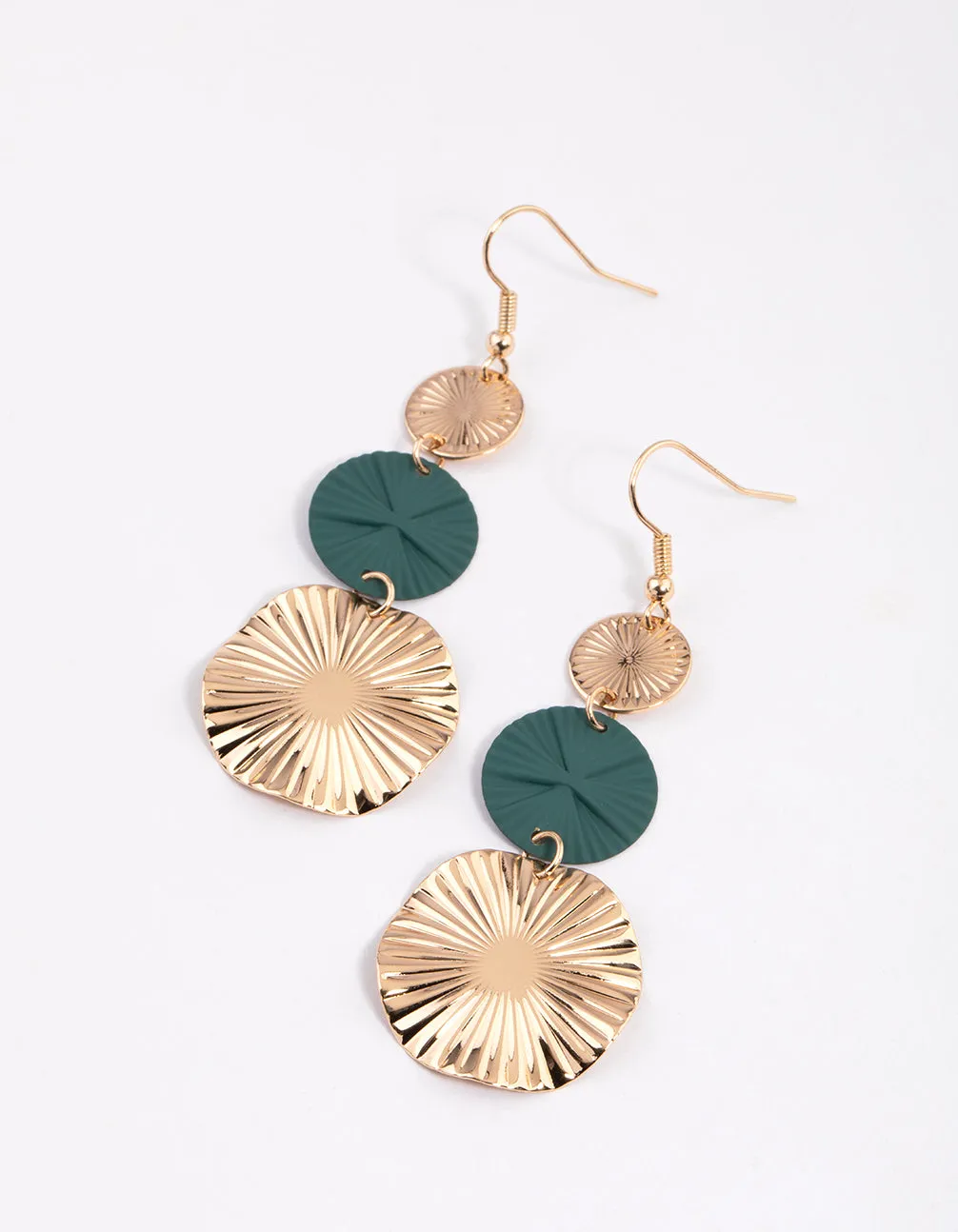 Green Mixed Ray Disc Graduated Drop Earrings