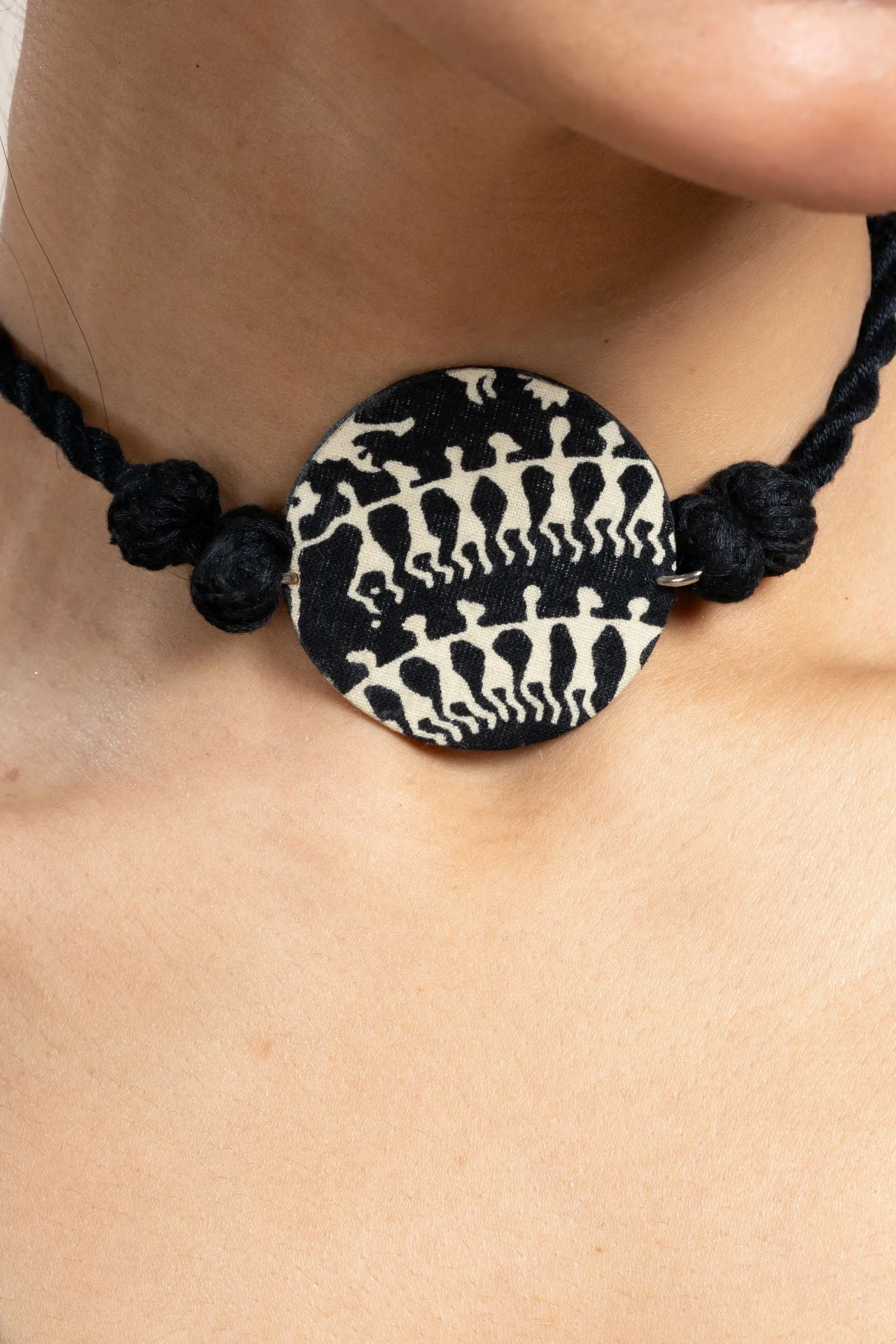 Handmade Black White Warli Fabric Choker Neckpiece with Adjustable Dori for Unique Style