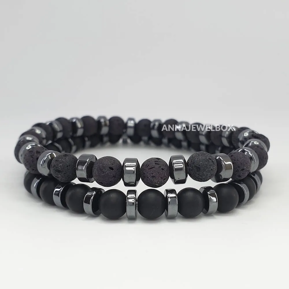 Hematite and Lava Stretch Twin Bracelets Set for Men