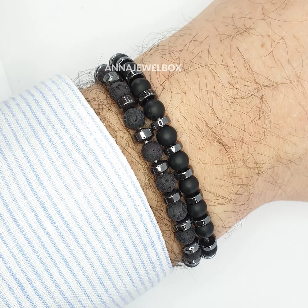 Hematite and Lava Stretch Twin Bracelets Set for Men