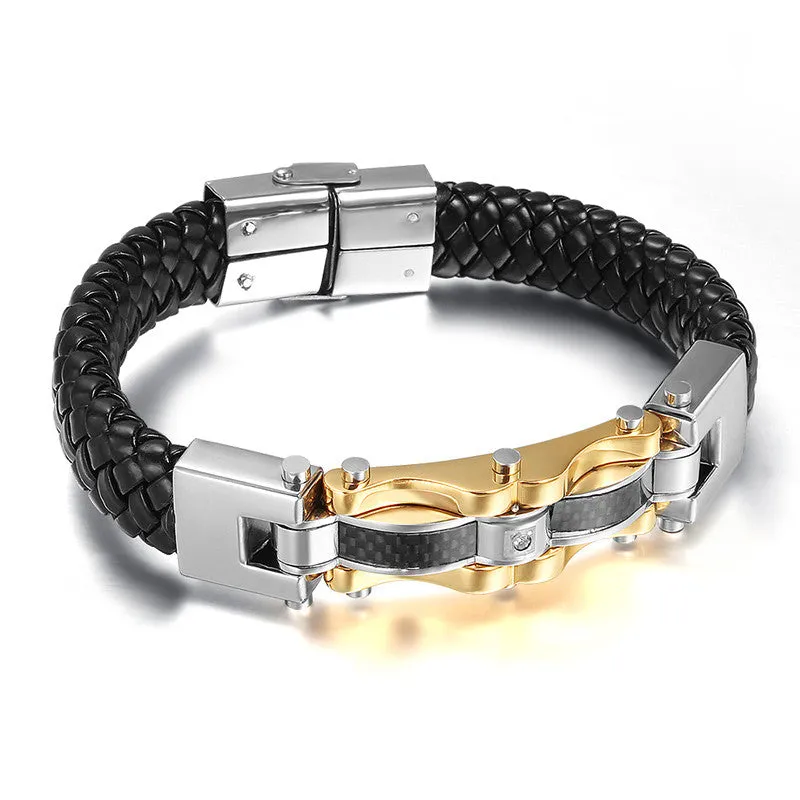 Leather Silver&Gold Plated Men Bracelet Fashion Male Vintage Accessories Bracelet Men Jewelry