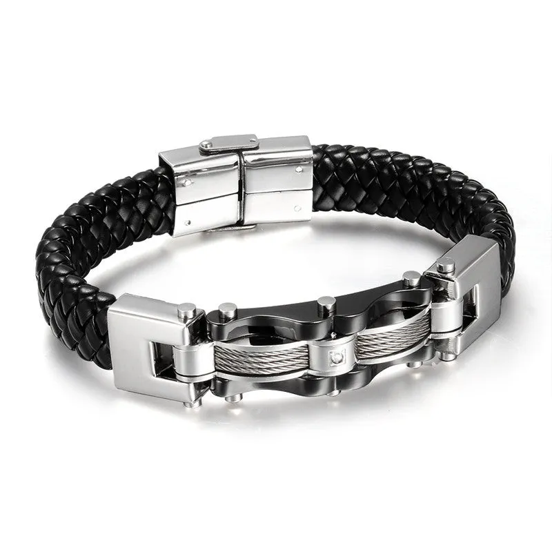 Leather Silver&Gold Plated Men Bracelet Fashion Male Vintage Accessories Bracelet Men Jewelry