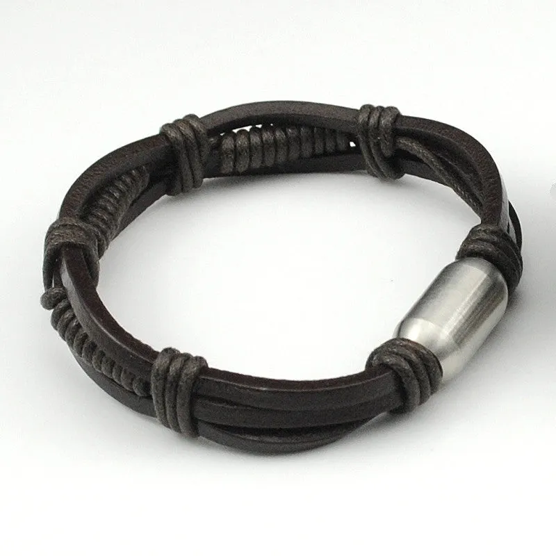 Leather, Stainless Steel Clasp Rope Chain Handmade Bracelet for Men