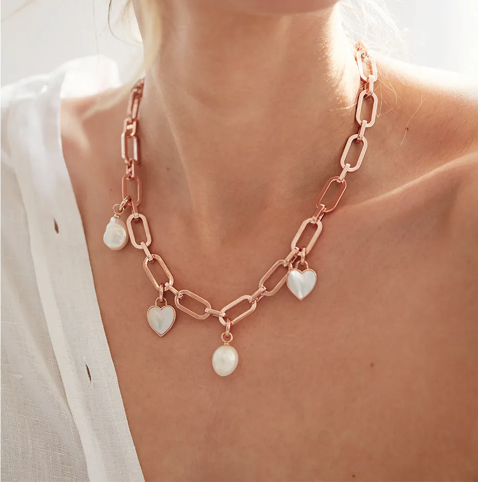 Link Chain Necklace and Mother of Pearl Heart Charm Rose Gold Set