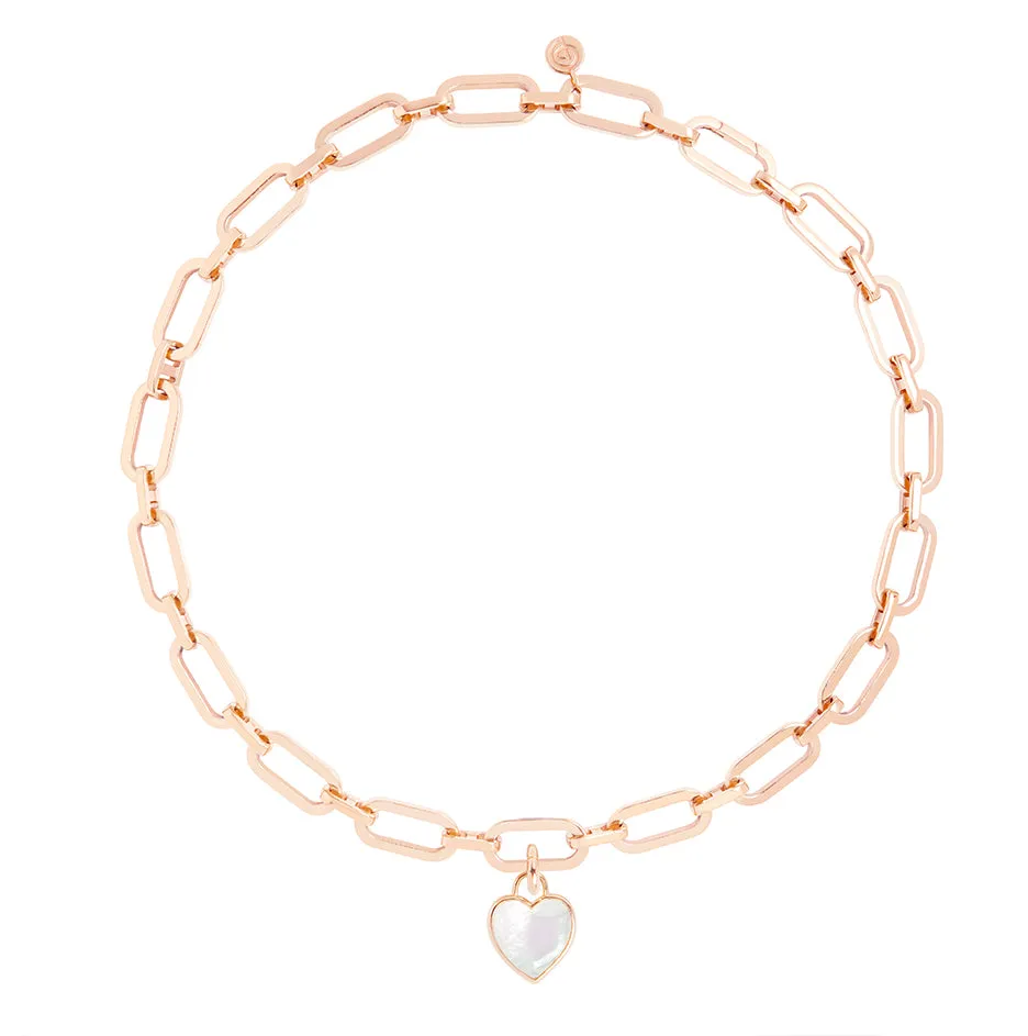 Link Chain Necklace and Mother of Pearl Heart Charm Rose Gold Set