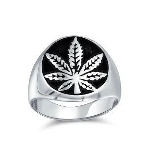 Mens Silver Ring with Cannabis Leaf Medallion Oxidized Sterling Silver Handmade