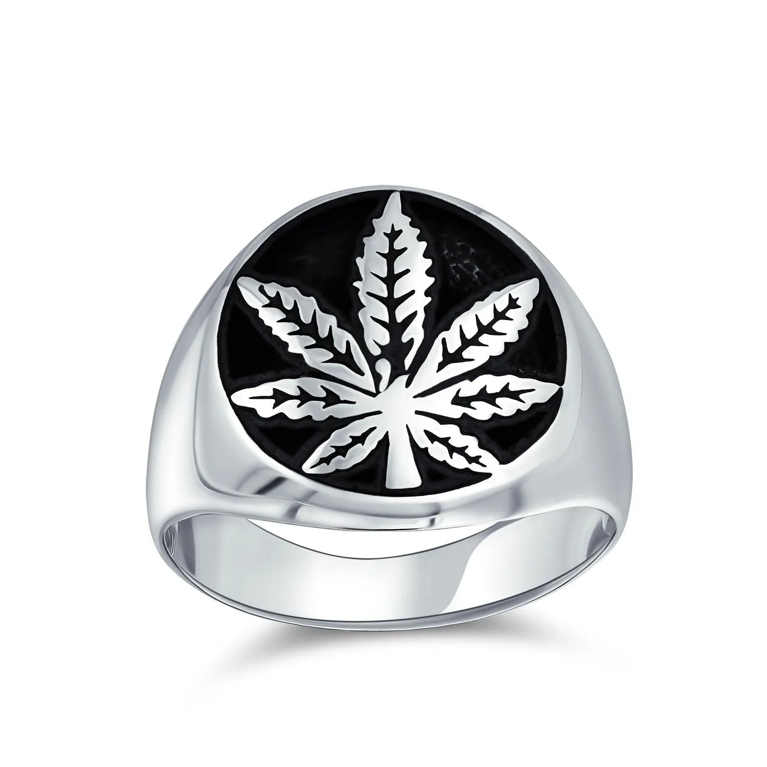 Mens Silver Ring with Cannabis Leaf Medallion Oxidized Sterling Silver Handmade