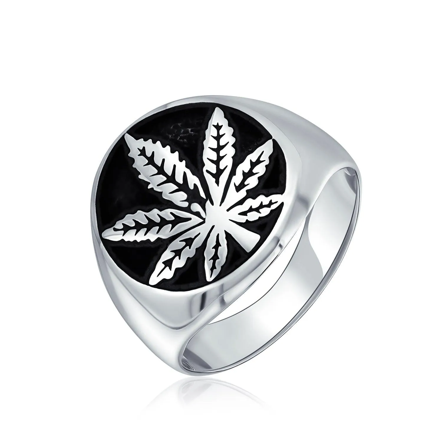 Mens Silver Ring with Cannabis Leaf Medallion Oxidized Sterling Silver Handmade