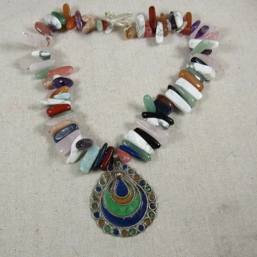 Mixed Gemstone Tusk - Statement Pendant Necklace