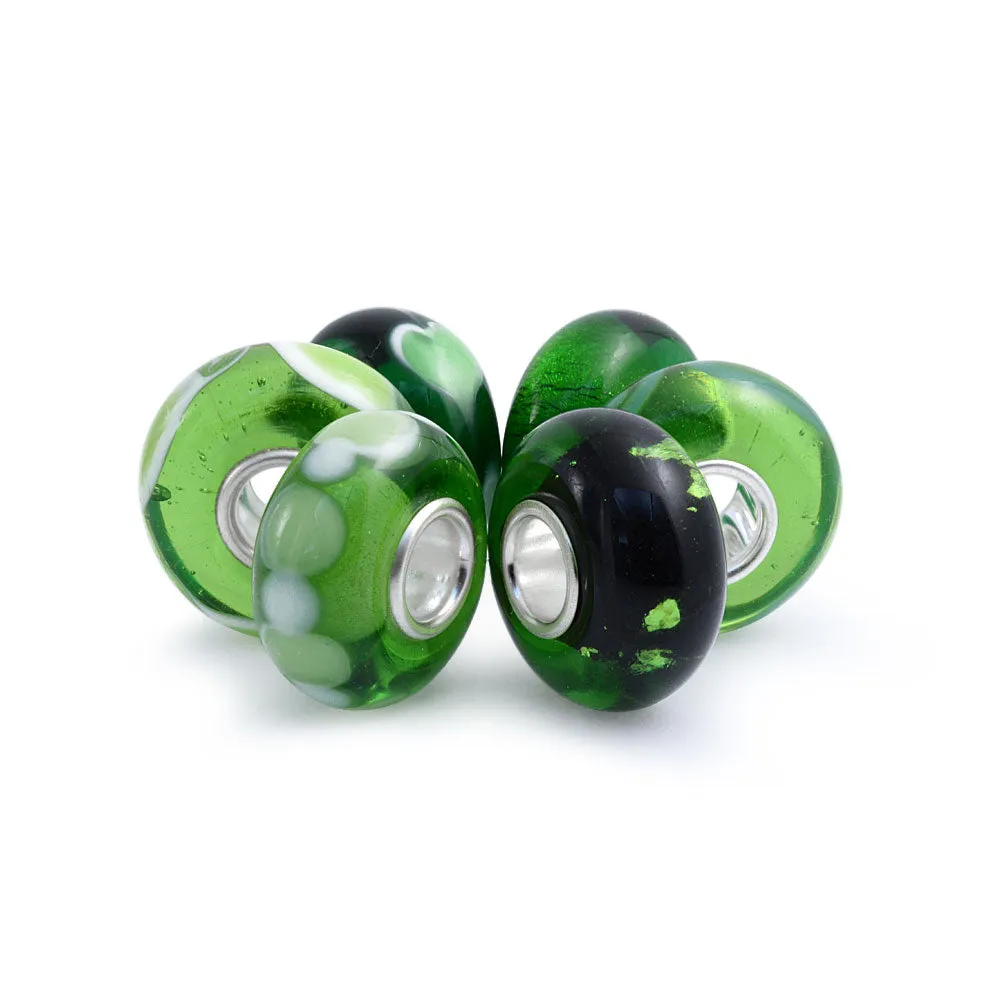 Mixed Set Sterling Silver Core Dark Green Floral Murano Glass Charm Bead Spacer