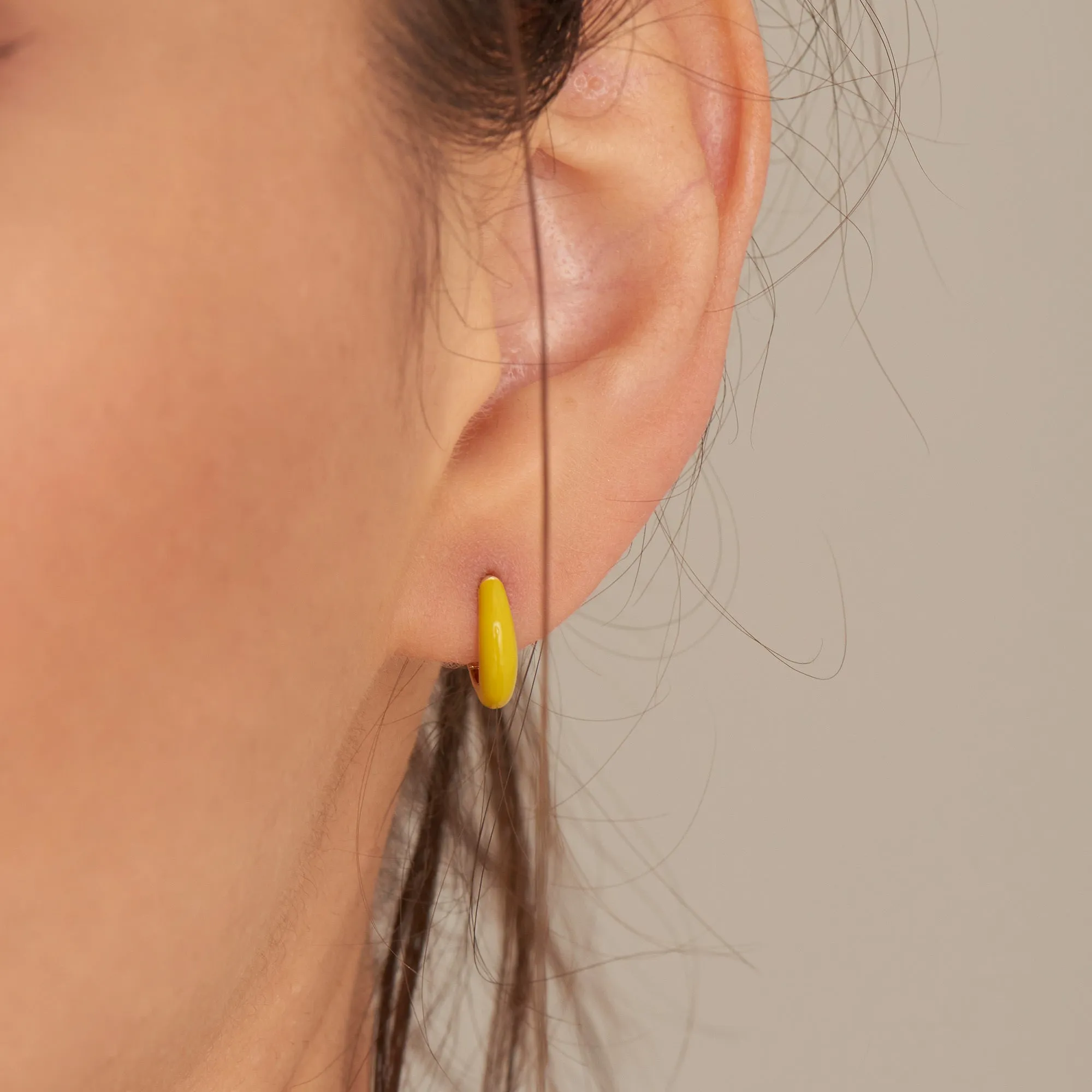 Neon Yellow Enamel Gold Sleek Huggie Hoop Earrings