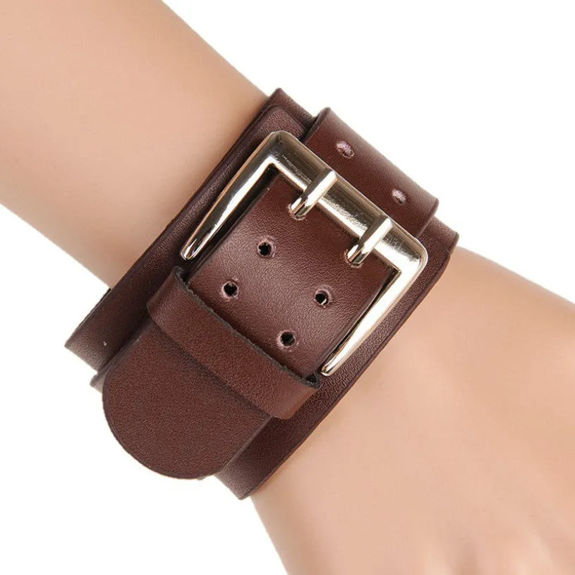 New brand Retro unisex Wide Leather Bracelets Punk Big Double Buckle Bracelet bangles for women men