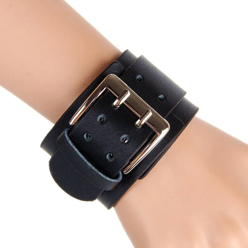 New brand Retro unisex Wide Leather Bracelets Punk Big Double Buckle Bracelet bangles for women men