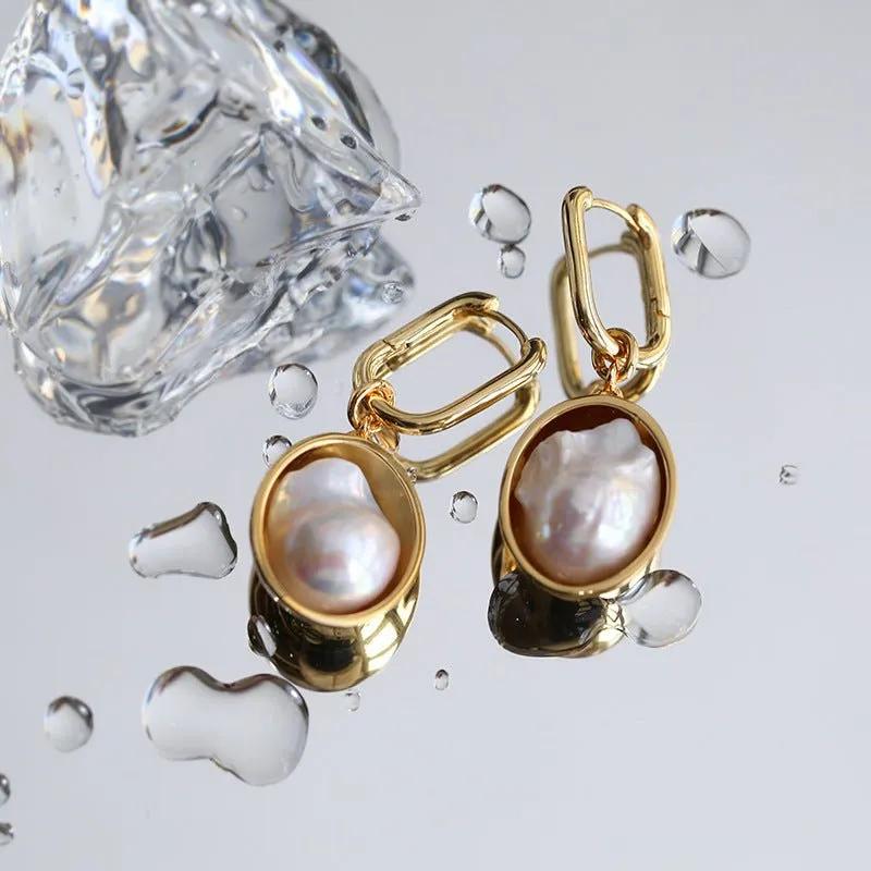 Oval Drop Baroque Shaped Pearl Earrings