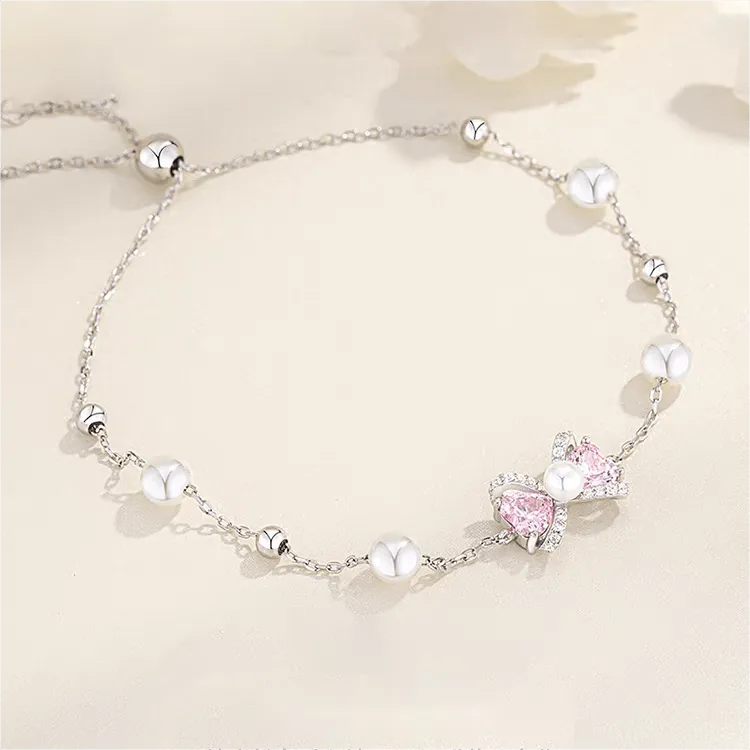 Pink Crystal Bowknot Pearl Chain Bracelet