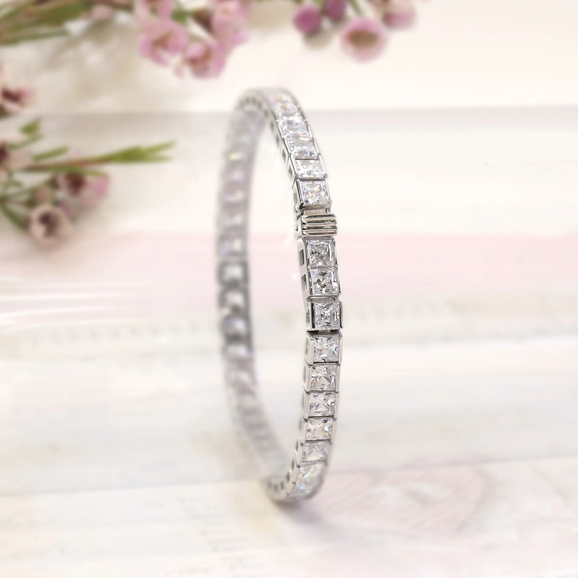 Princess Tennis Bracelet, Platinum Plated Sterling Silver