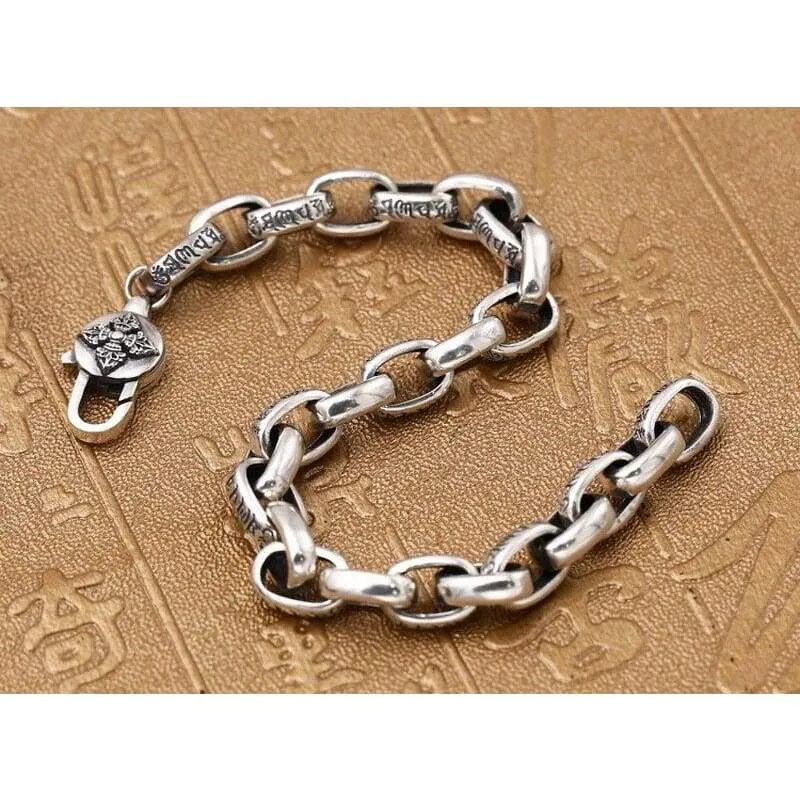 Pure Solid Silver 925 Tibetan Letters Cool Mens Bracelet Vintage Simple Chain Bracelet Sterling Silver Mens Jewelry Thai Silver