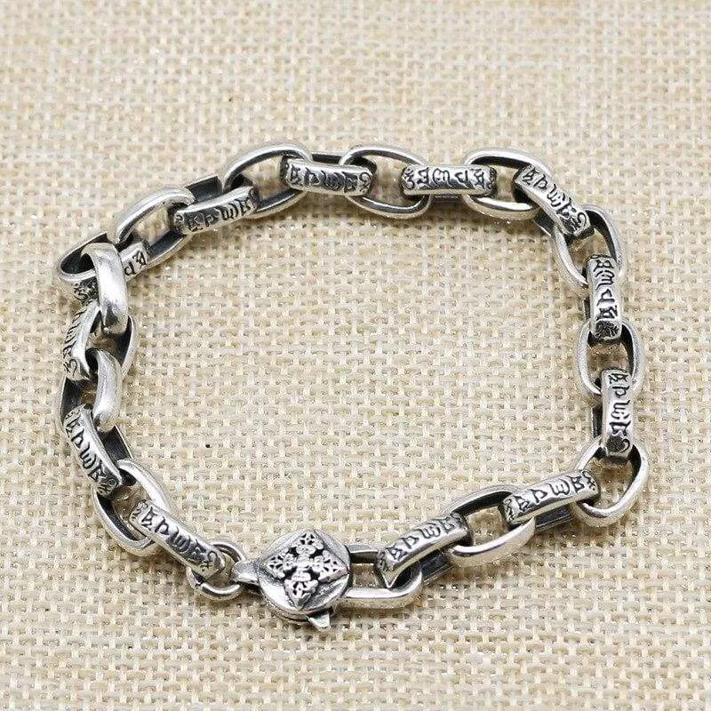 Pure Solid Silver 925 Tibetan Letters Cool Mens Bracelet Vintage Simple Chain Bracelet Sterling Silver Mens Jewelry Thai Silver