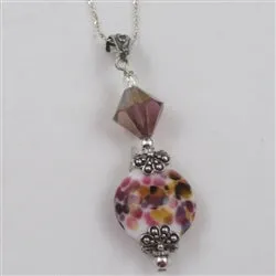 Purple and White Artisan Bead and Crystal Pendant Necklace