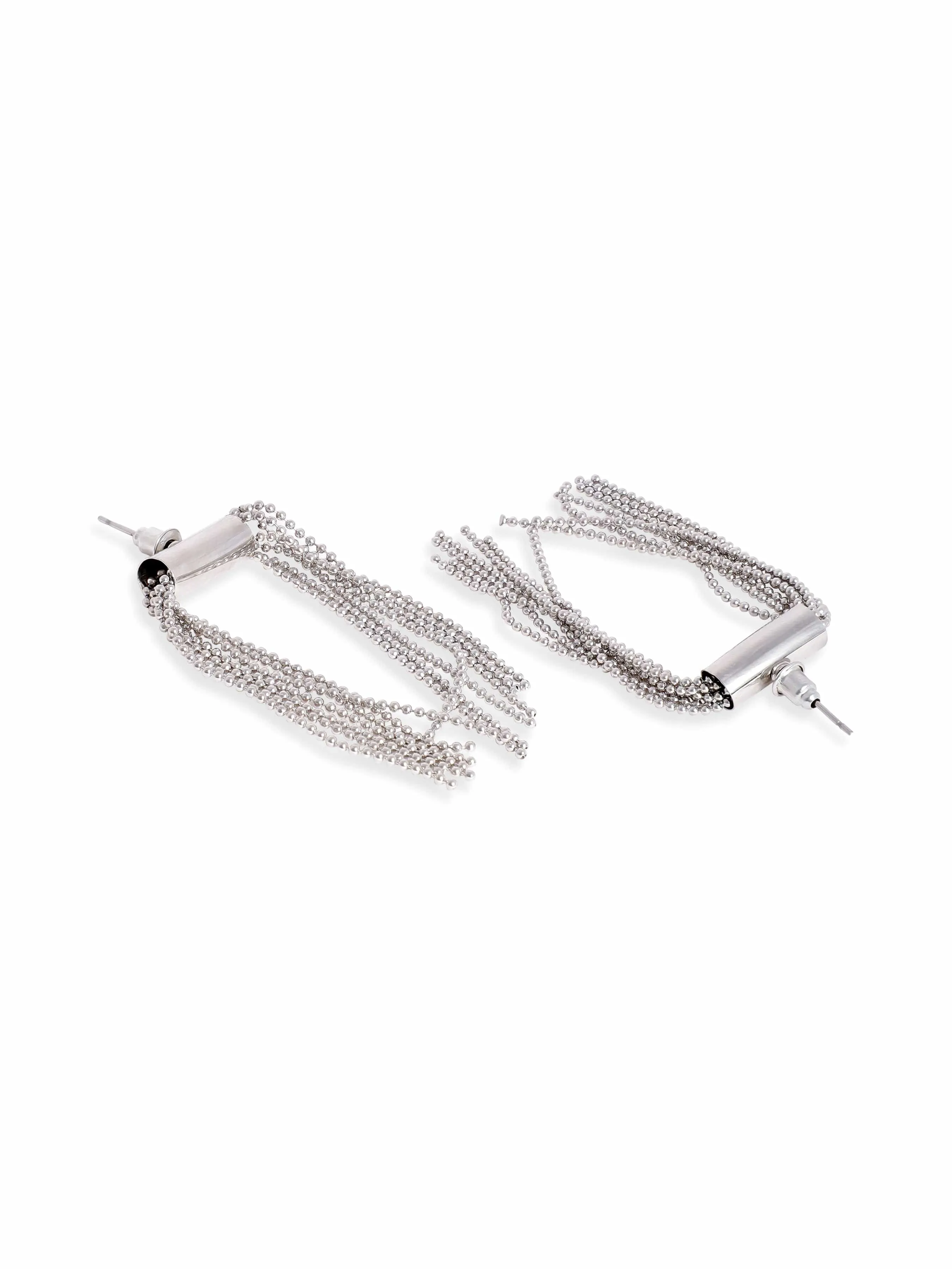 Rubans Rhodium-Plated Long Tassel Drop Earrings with Sleek Chain Design