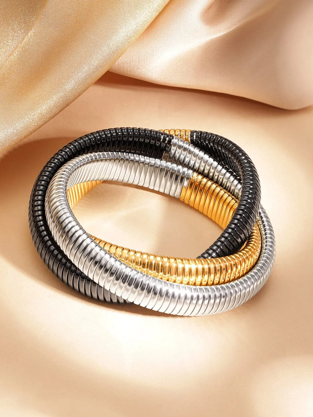 Rubans Voguish Rhodium plated Dual tone of 3 layered twisted sprial of shimmer bracelet