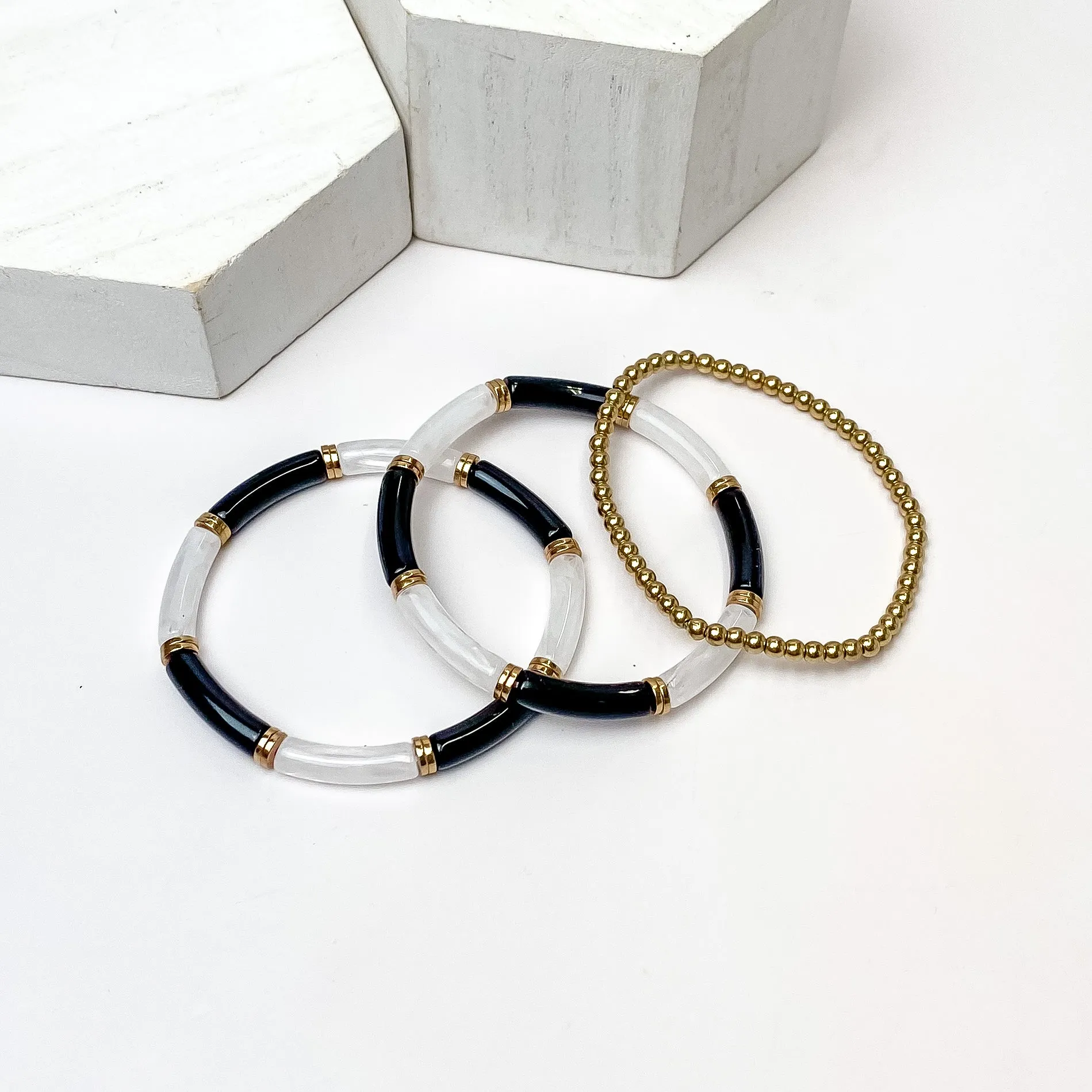 Set of Three | Summer Nights Black, White, and Gold Tone Tube Bracelet Set