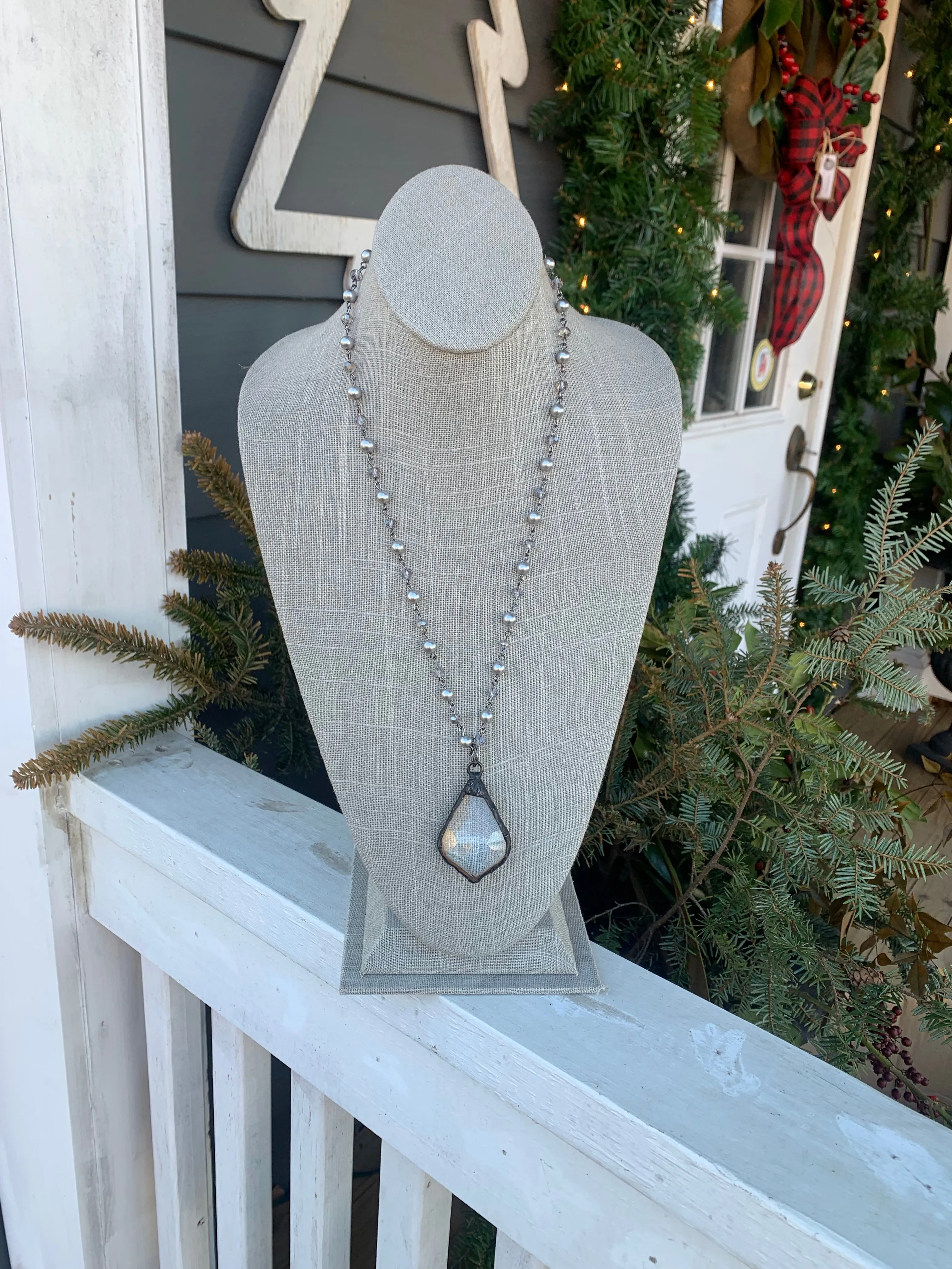 Single Crystal Teardrop Necklace, Crystal Beaded Chain, 40”