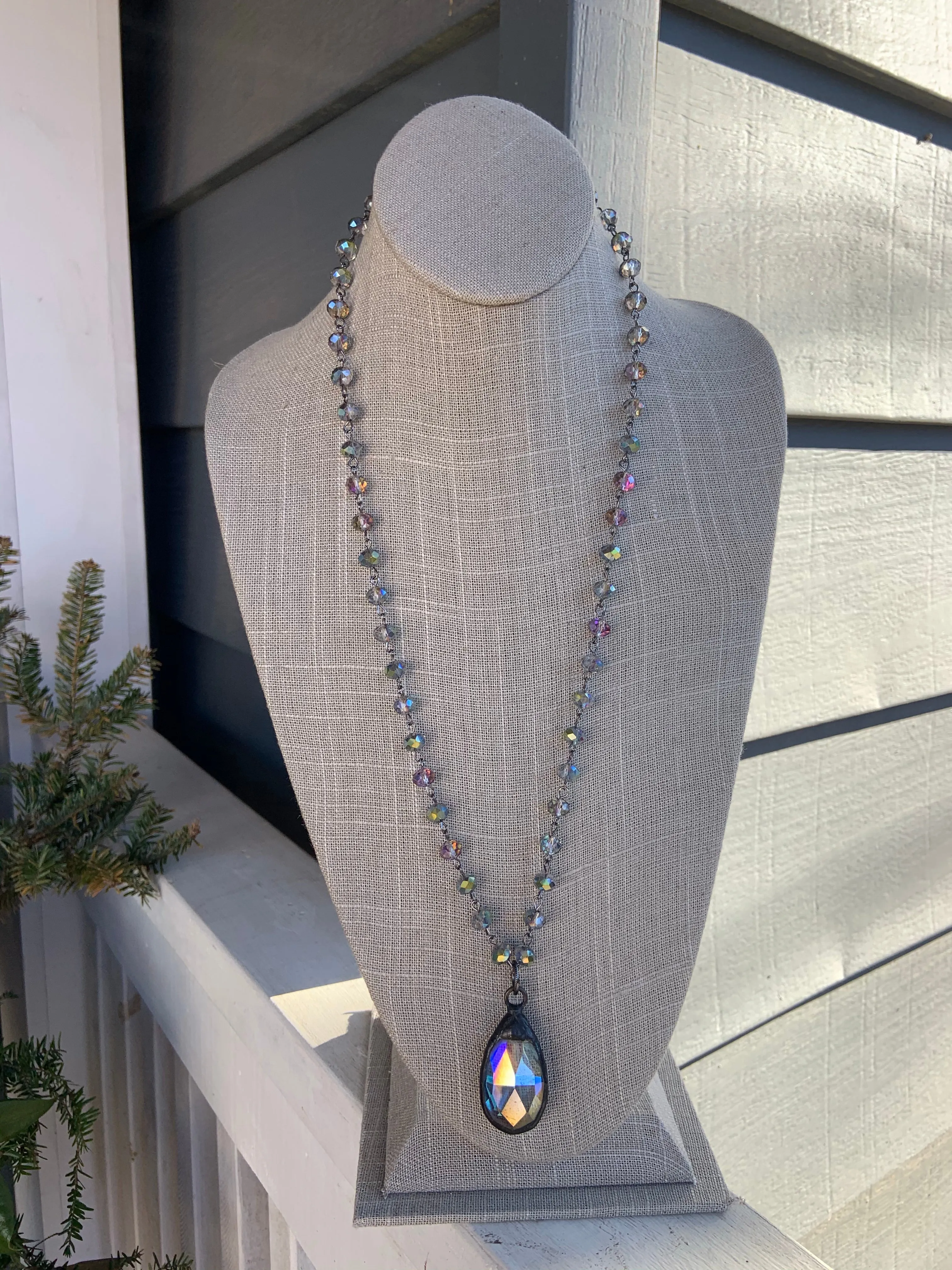 Single Crystal Teardrop Necklace, Crystal Beaded Chain, 40”