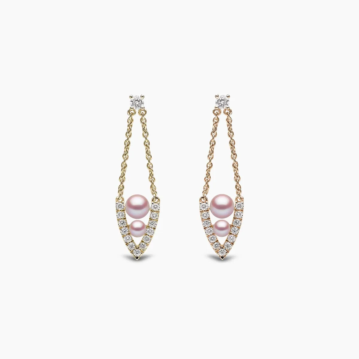 Sleek 18K Gold Pearl and Diamond Drop V Shaped Earrings