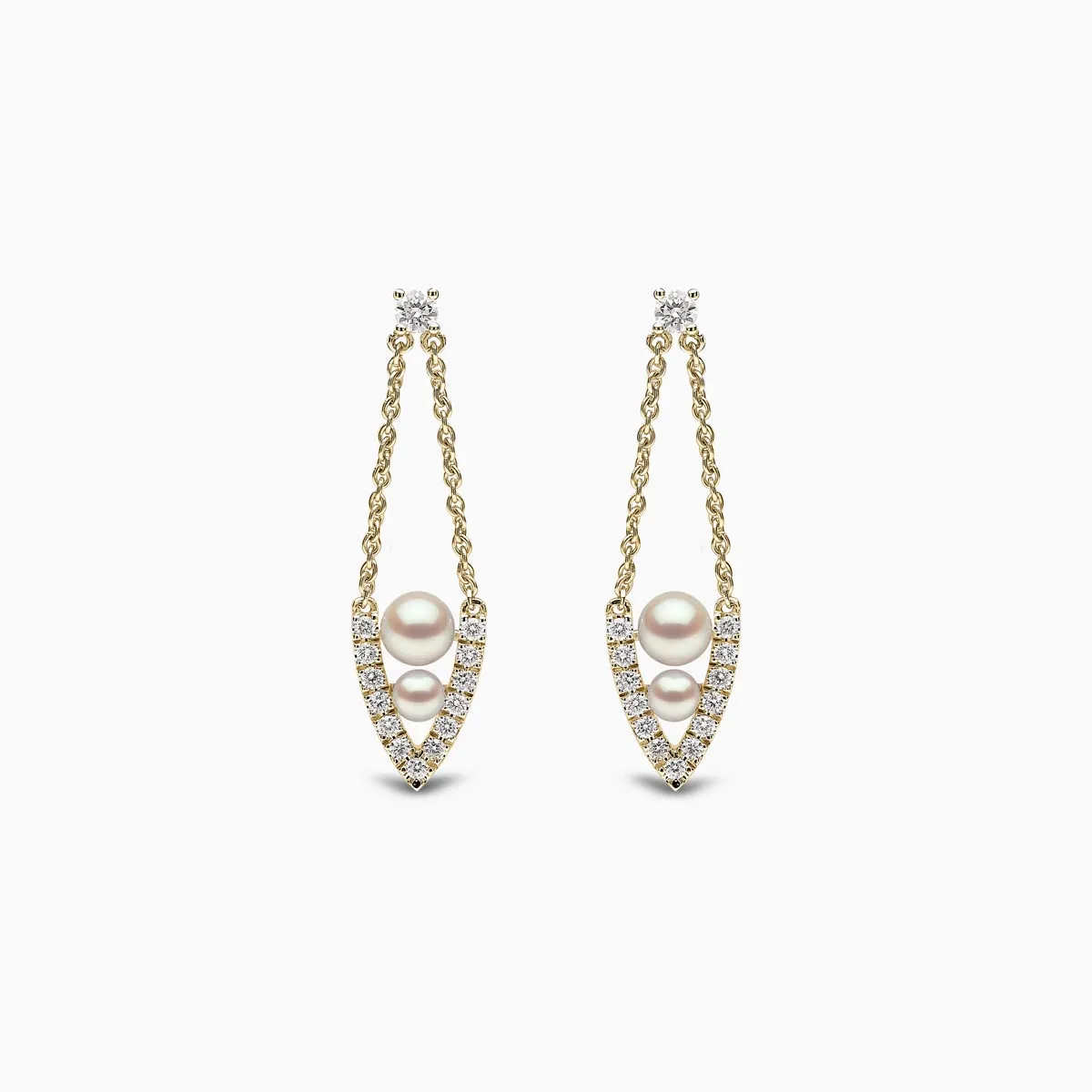 Sleek 18K Gold Pearl and Diamond Drop V Shaped Earrings