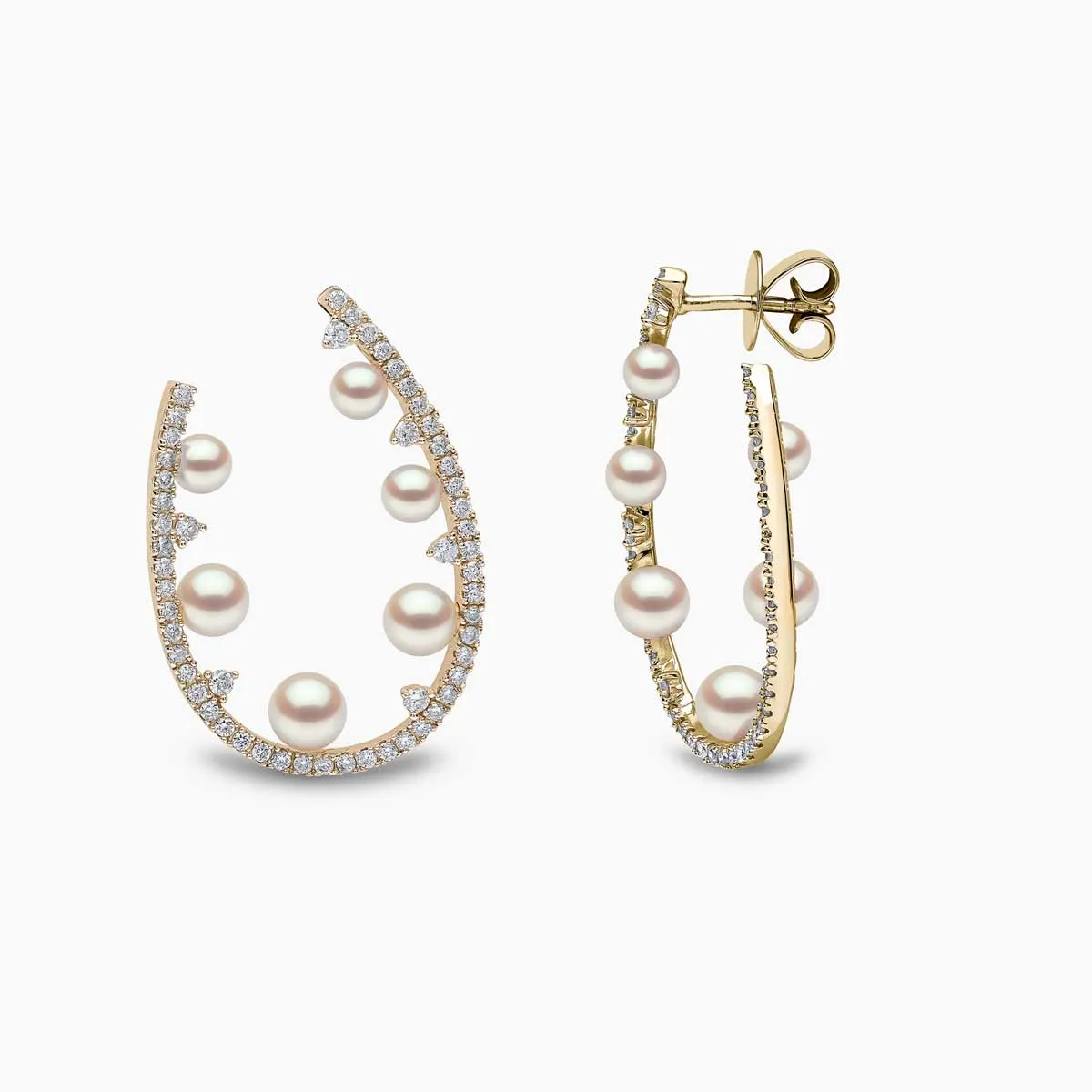 Sleek 18K Gold Pearl and Diamond Silhouette Earrings