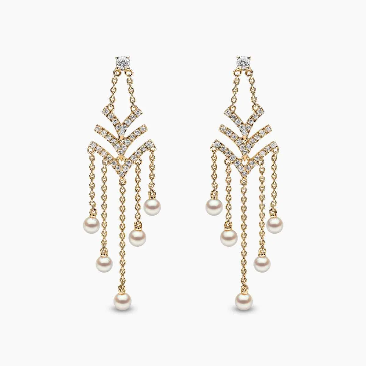 Sleek 18K Gold Pearl and Diamond V Chain Drop Earrings