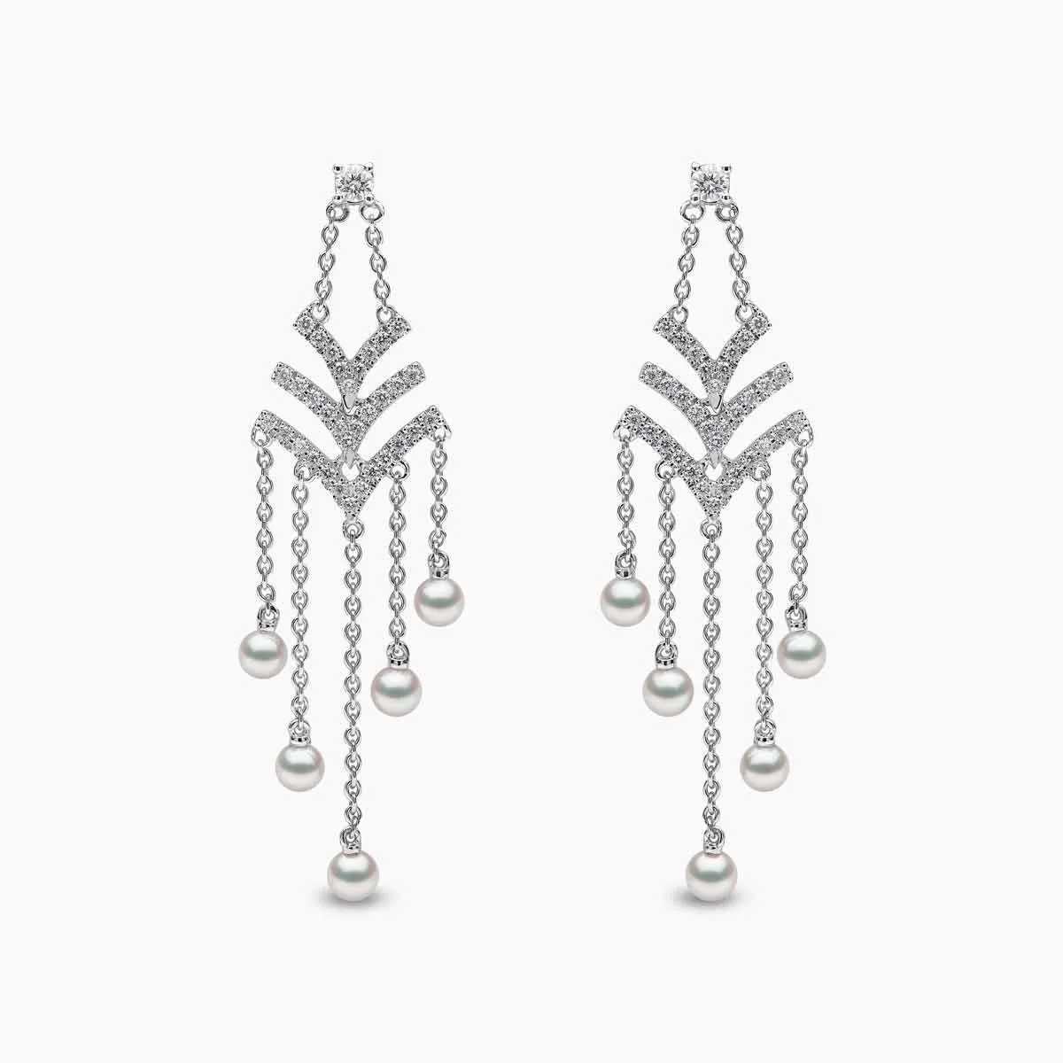 Sleek 18K Gold Pearl and Diamond V Chain Drop Earrings