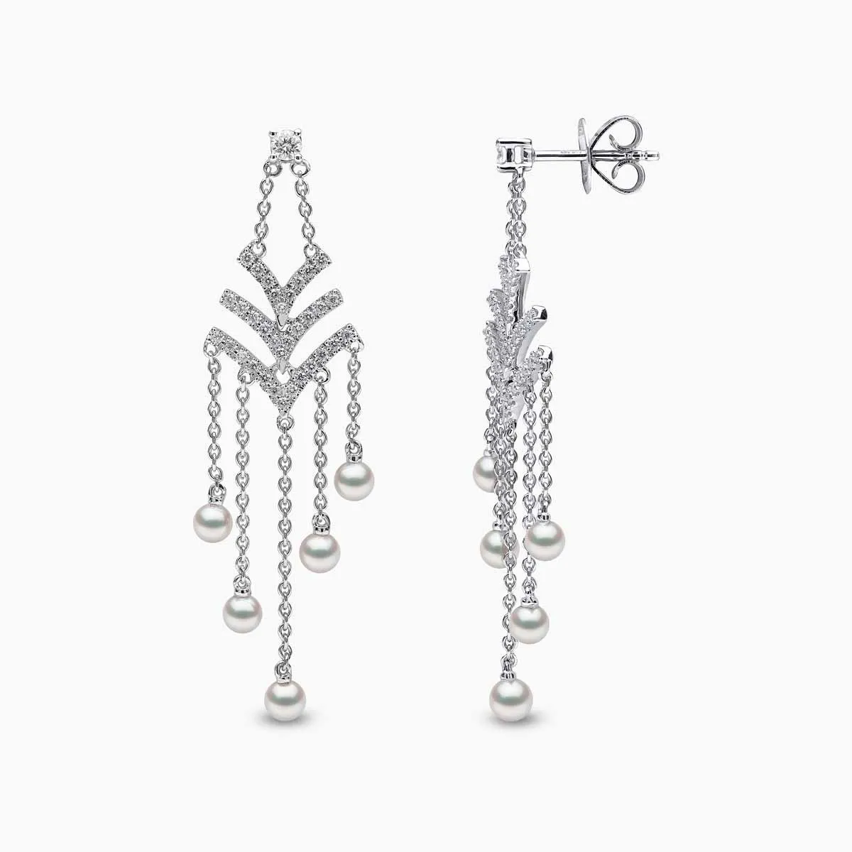 Sleek 18K Gold Pearl and Diamond V Chain Drop Earrings