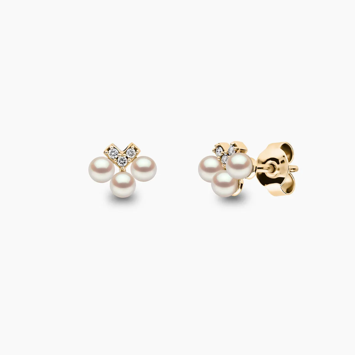 Sleek 18K Gold Pearl and Diamond V Stud Earrings