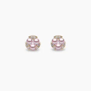 Sleek 18K Gold Triple Pearl and Diamond Stud Earrings